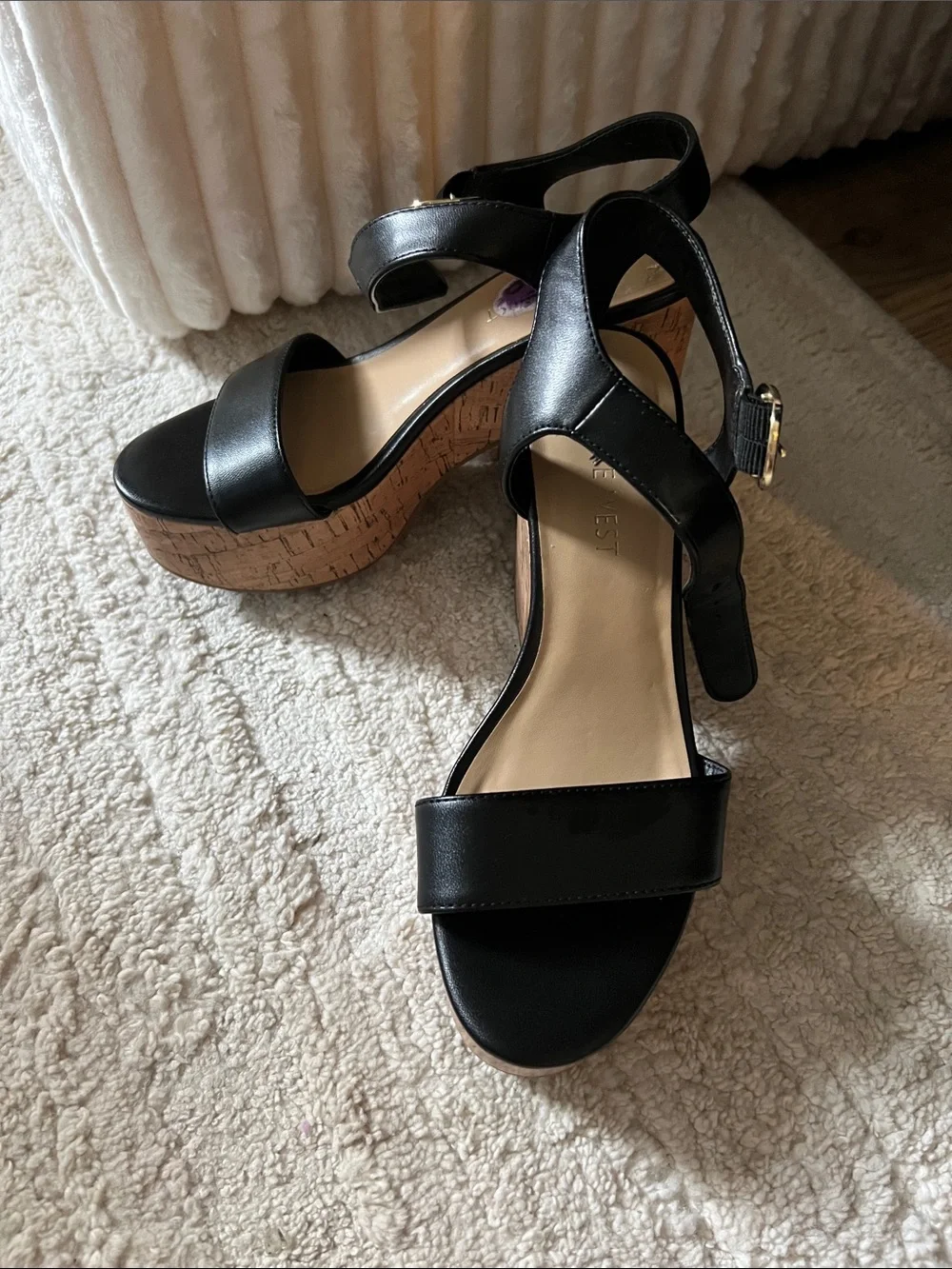 Nine West Black Leather Platform Cork Wedge Sandals